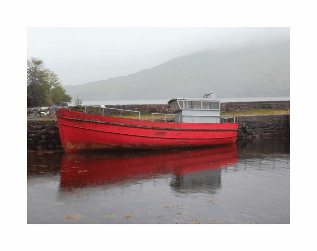 Red Boat at Leenane Pier, Connemara, County Galway. 5" x 7 " Blank Greeting card with envelope. includes postage to all of Ireland.

